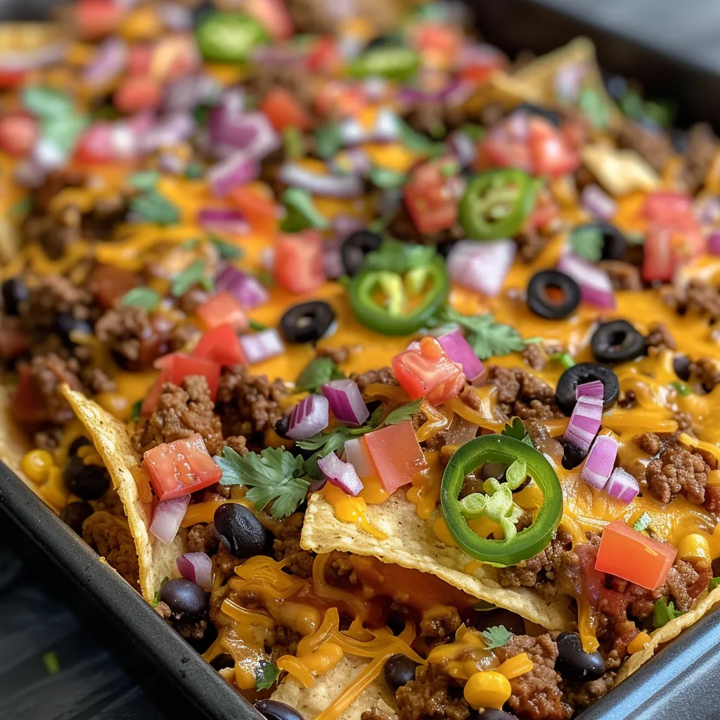 Side view image showing nachos loaded with ground beef, cheese, and various toppings.