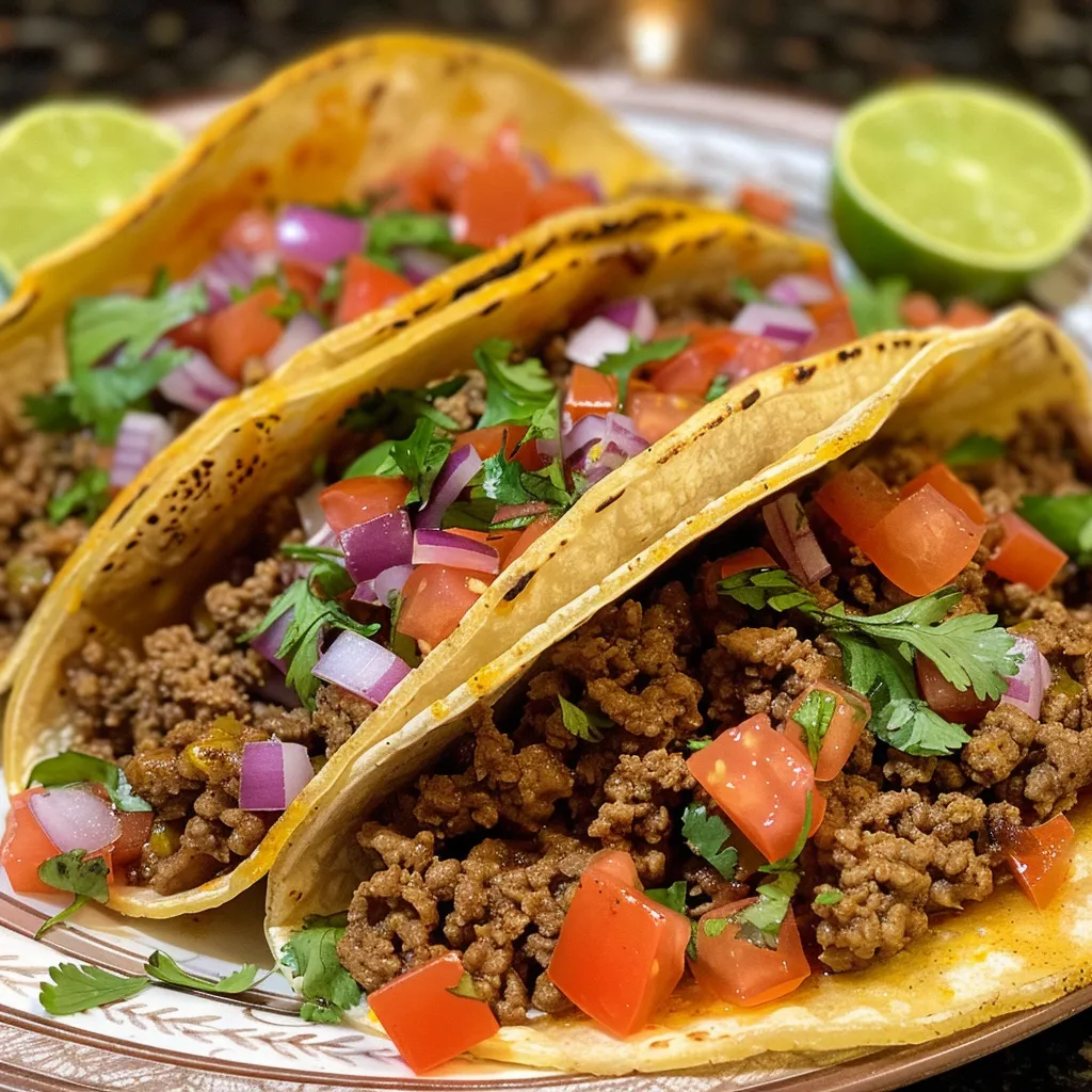 A delicious arrangement of Easy Mexican ground beef tacos with fresh toppings.