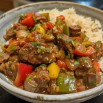 Close-up of a delicious pepper steak dish with colorful bell peppers and tender stew meat.