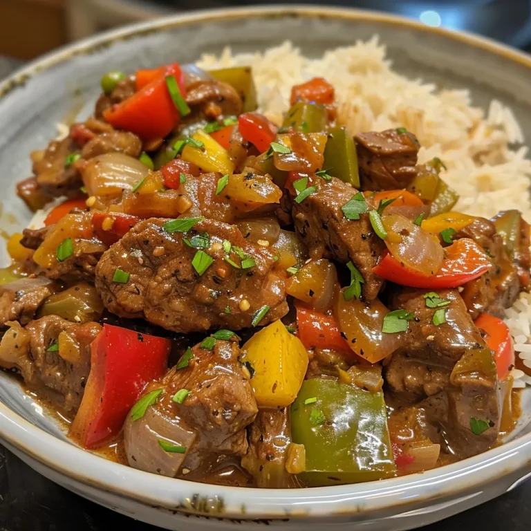 Sizzle and Savor: Quick Pepper Steak That Packs a Flavor Punch! Close-up of a delicious pepper steak dish with colorful bell peppers and tender stew meat.