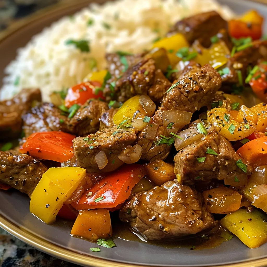 Side view of a vibrant pepper steak served over a bed of rice, showcasing fresh ingredients.
