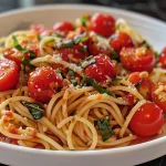 Close-up view of a bowl of Easy Roasted Tomato and Garlic Spaghetti with cherry tomatoes and garlic.