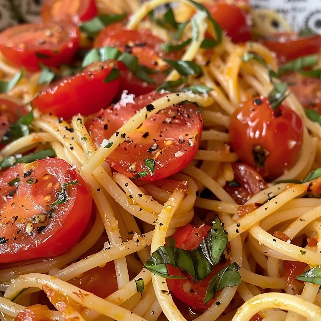 Side view of a delicious vegan spaghetti dish topped with fresh basil and spinach.