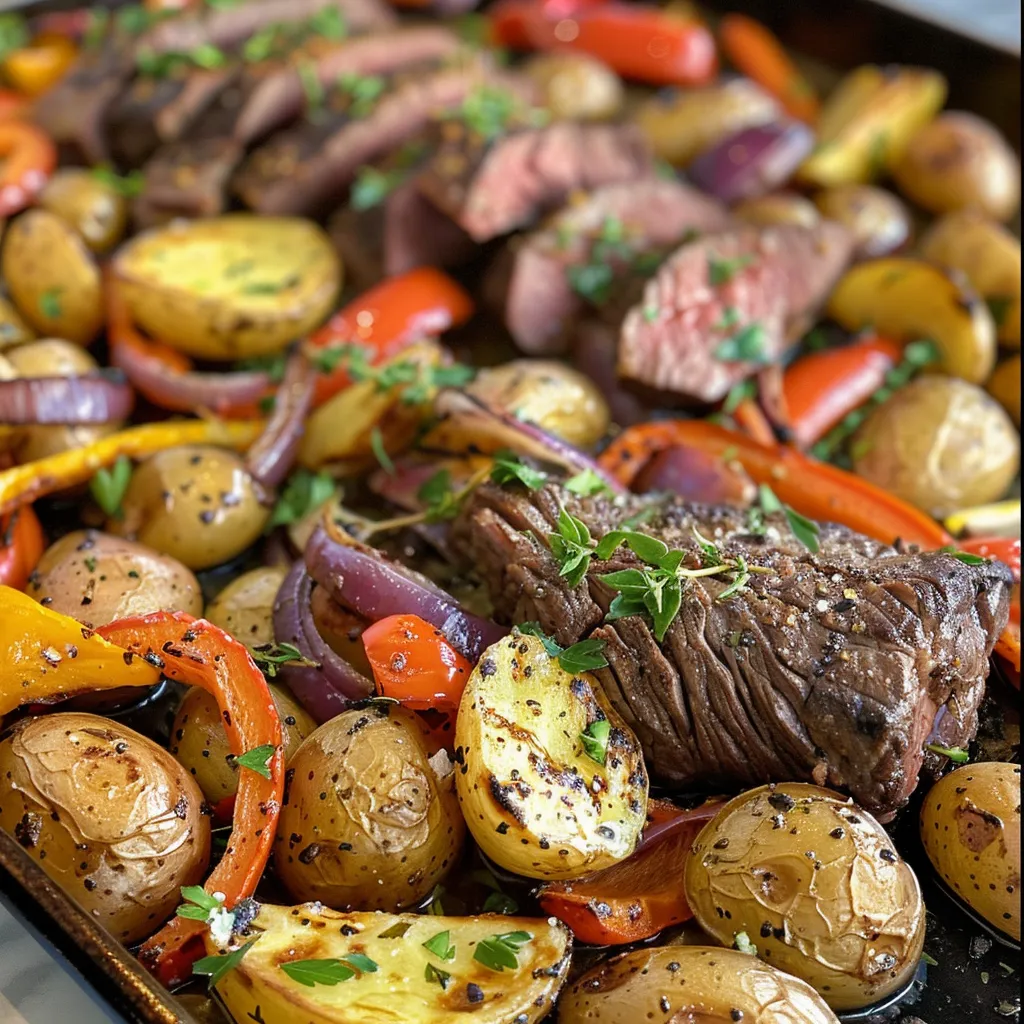 Side perspective of a vibrant sheet pan meal featuring beef sirloin, carrots, and fresh herbs, all roasted to perfection.