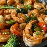 Close-up view of a vibrant shrimp stir fry with colorful vegetables.