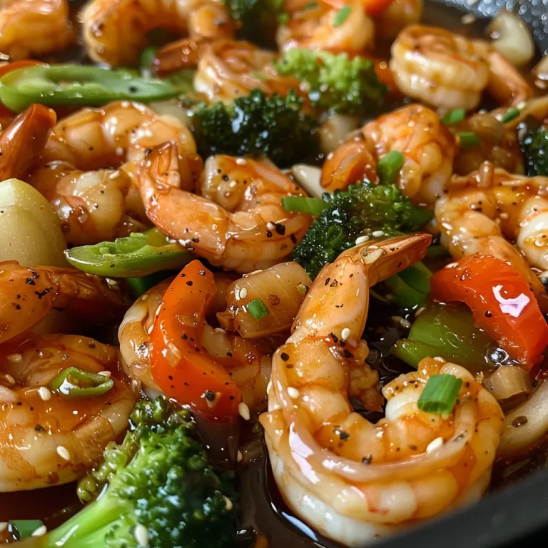 Sizzling Shrimp Stir Fry: Quick, Colorful, and Full of Flavor! Close-up view of a vibrant shrimp stir fry with colorful vegetables.