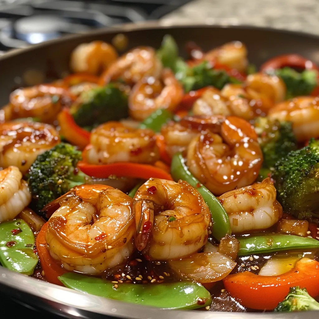 Juicy shrimp stir fry featuring broccoli, red pepper, and snow peas.