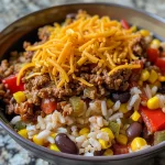 Close-up view of a colorful Easy Taco Rice Bowl with rice, ground beef, and toppings.