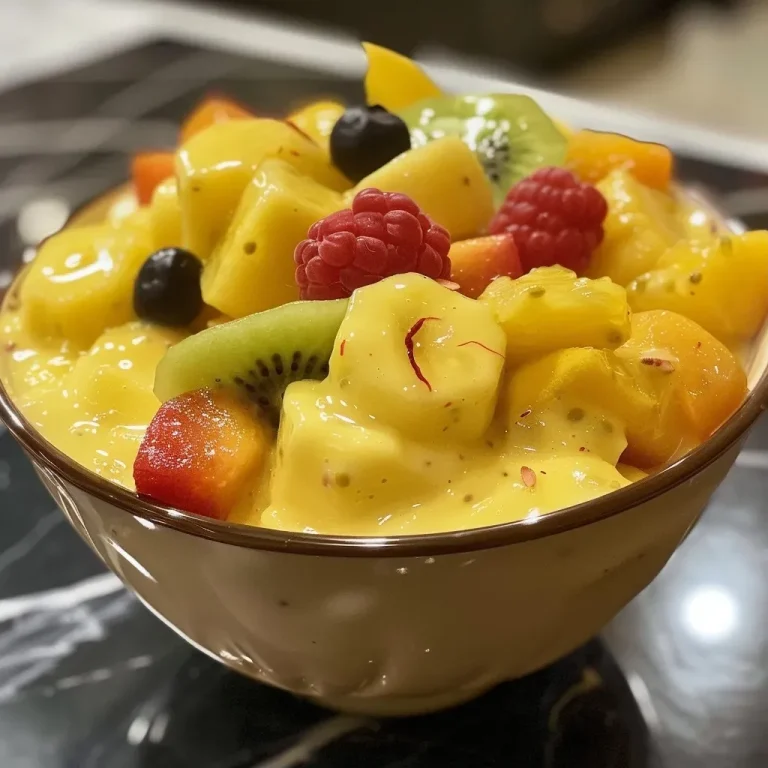 Whip Up a Creamy Eggless Fruit Custard That Dances with Flavor! Close-up of a creamy eggless fruit custard with colorful fruits on top.