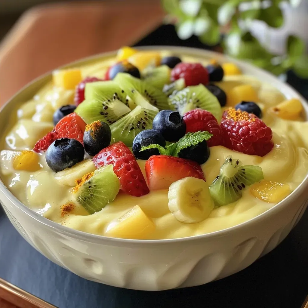 Side view of a bowl of eggless fruit custard showcasing fresh fruits and a smooth texture.