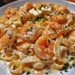 Close-up view of creamy fettuccine Alfredo with shrimp on a plate.