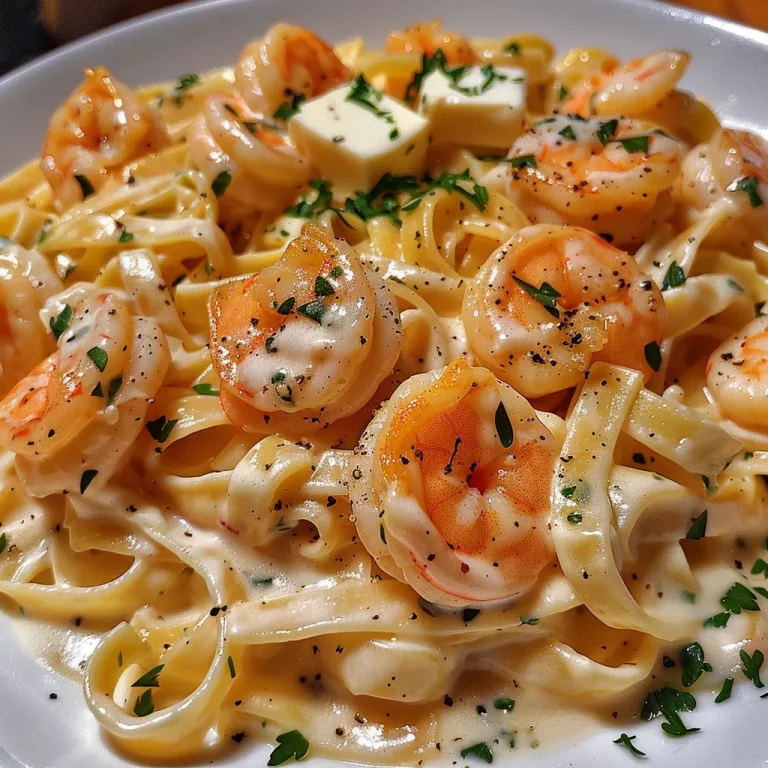 Close-up view of creamy fettuccine Alfredo with shrimp on a plate.