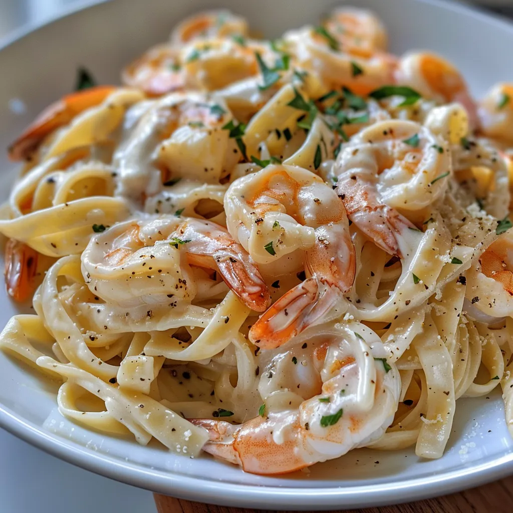 Side view of a bowl filled with fettuccine Alfredo topped with succulent shrimp.