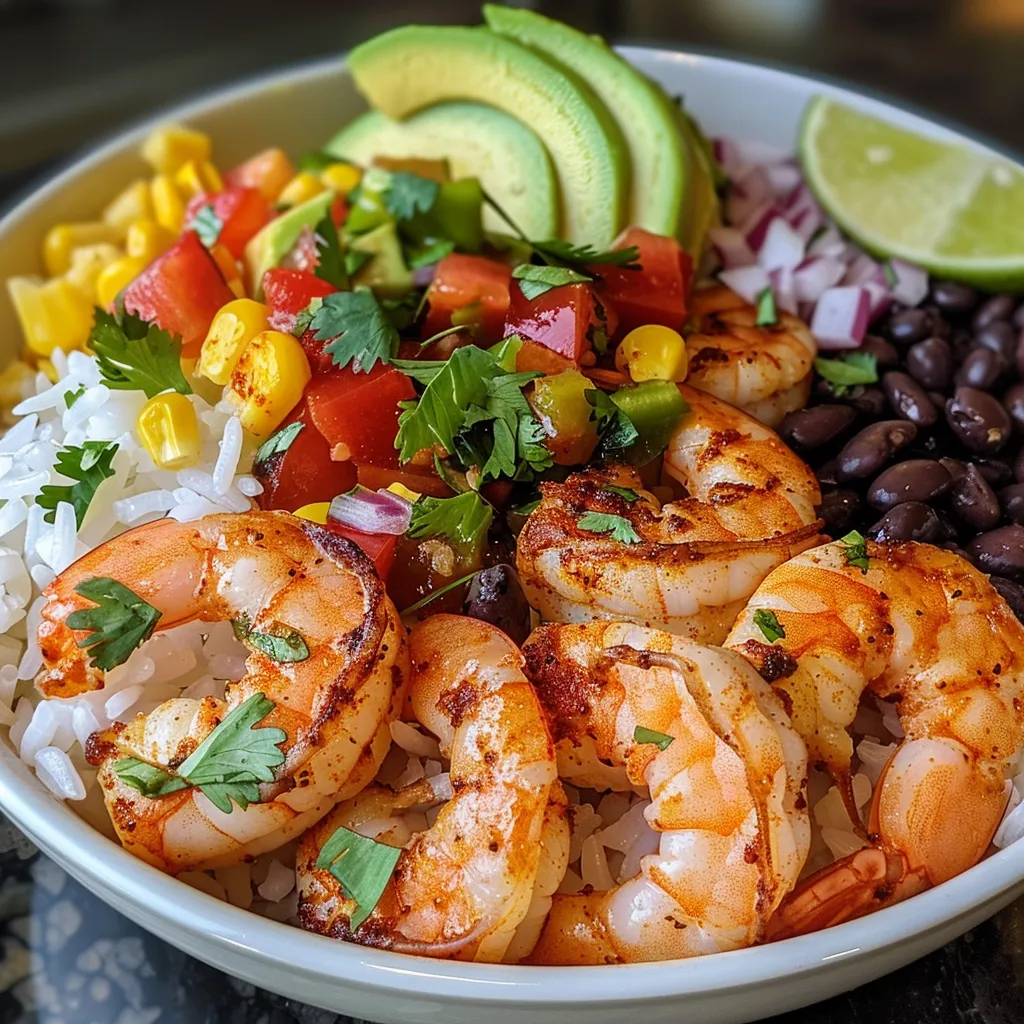 Side view of a bowl filled with shrimp, rice, black beans, and avocado.