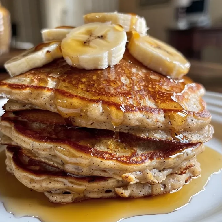 Irresistibly Fluffy Banana Oat Pancakes: The No-Blender Wonder! Close-up side view of fluffy banana oat pancakes topped with banana slices and maple syrup.