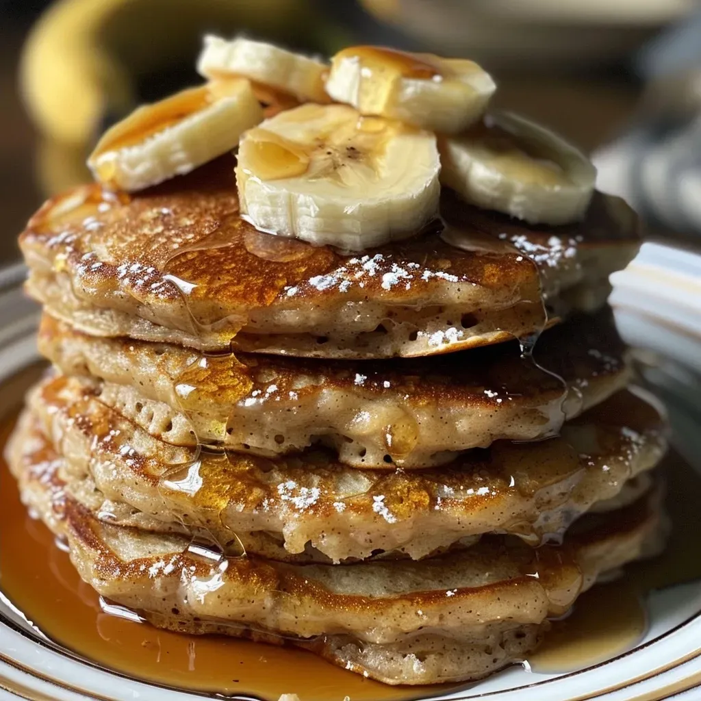 Delicious stack of fluffy pancakes made from ripe bananas and oats, drizzled with syrup.