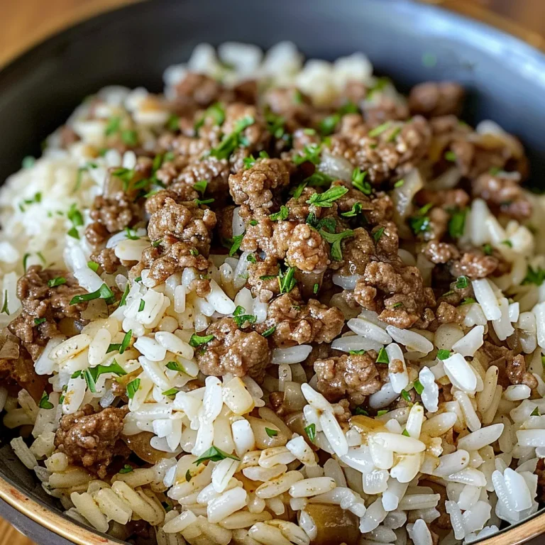 Close-up view of a bowl of Garlic Butter Beef and Rice, showcasing the rich ingredients.
