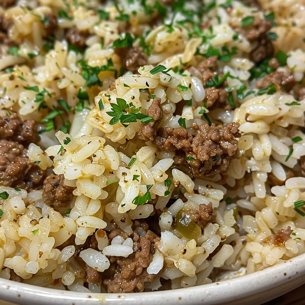 Side view of Garlic Butter Beef and Rice, highlighting the juicy beef and melted cheese.