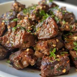 Close-up of juicy garlic butter beef bites in a slow cooker.