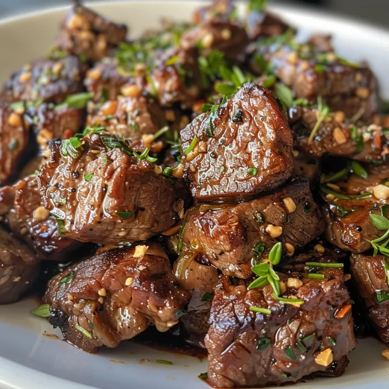 Close-up of juicy garlic butter beef bites in a slow cooker.