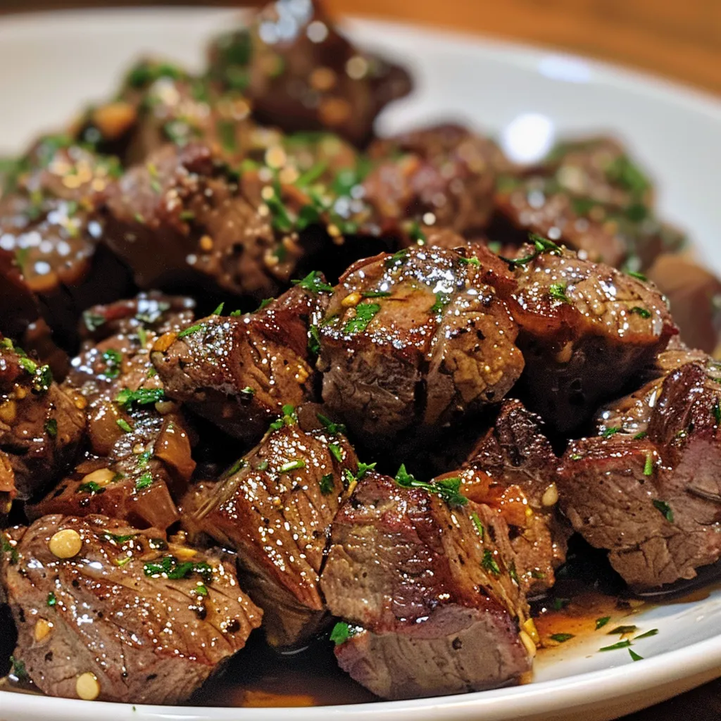 Tender beef chunks in garlic butter sauce, viewed from the side.