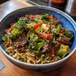 Close-up of a flavorful Garlic Butter Beef Noodle Bowl with vibrant vegetables and tender beef.