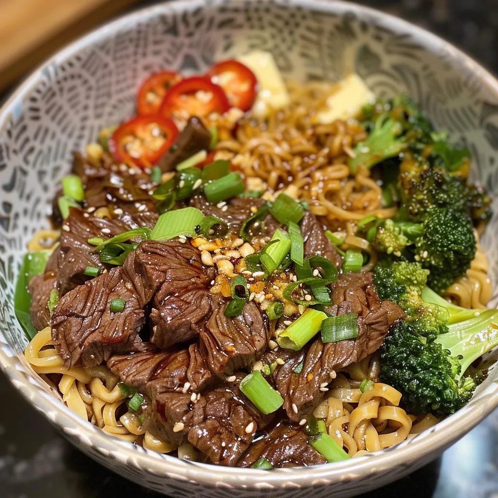 Side view of a delicious Garlic Butter Beef Noodle Bowl featuring egg noodles, garlic, and colorful veggies.