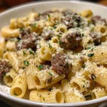 Close-up view of a Garlic Butter Beef Pasta dish featuring short pasta, ground beef, and herbs.
