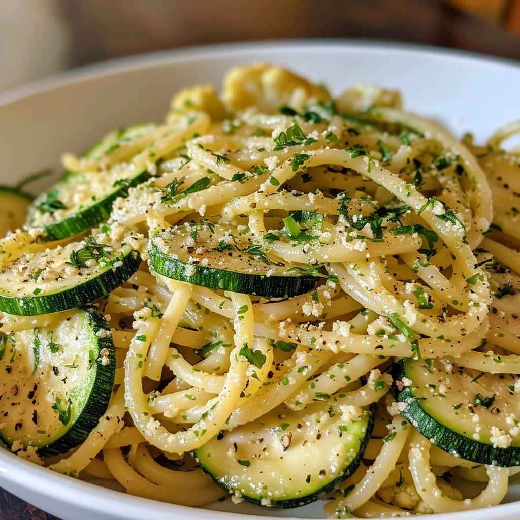 Side view of a plate of garlic butter noodles with zucchini and bell pepper.