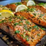 Close-up view of juicy garlic butter salmon with herbs.