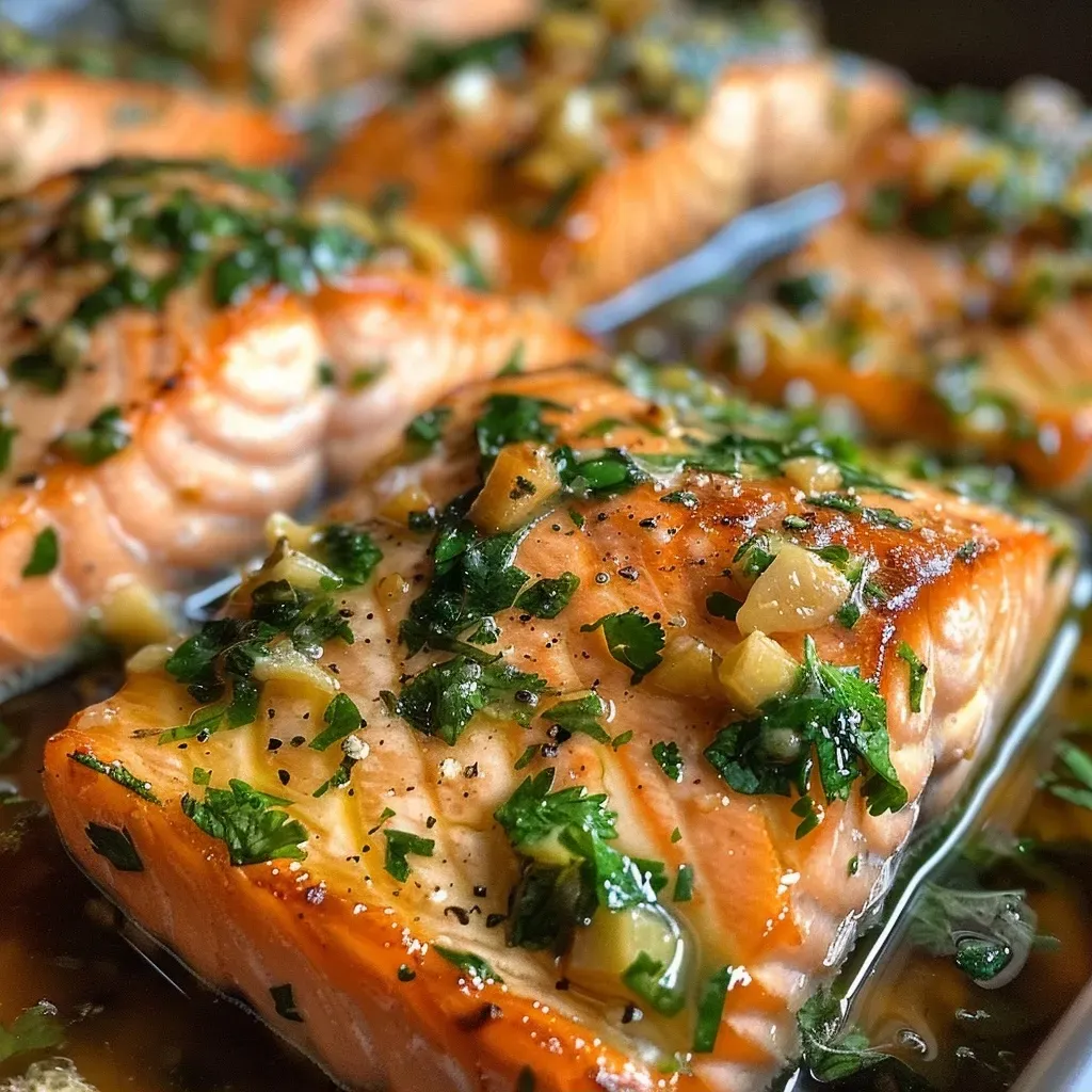 Side view of golden-brown salmon fillet topped with garlic and parsley.