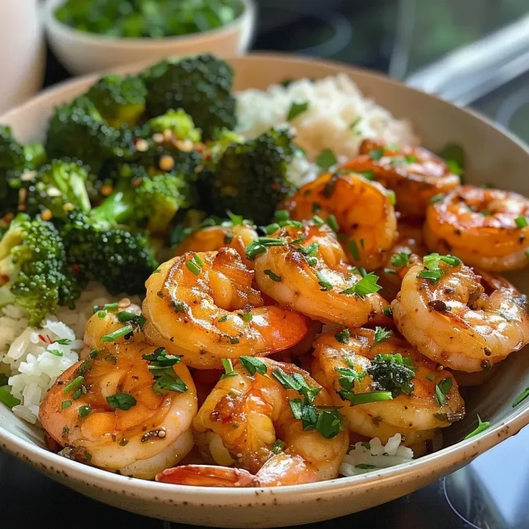 Sizzle and Shine: Garlic Butter Shrimp Protein Bowls for a Whirlwind Dinner! Close-up of a bowl filled with garlic butter shrimp, rice, and broccoli.