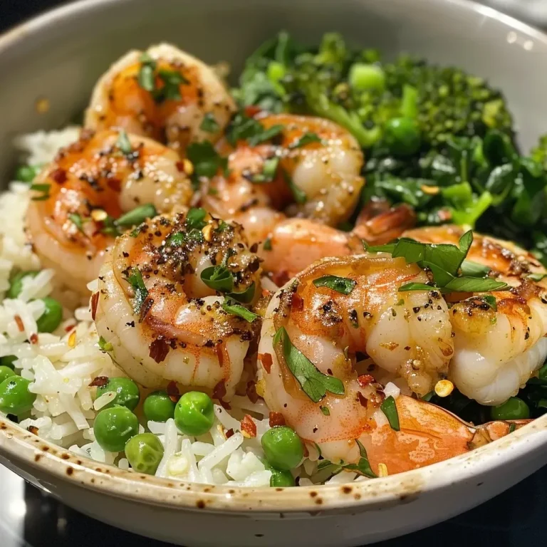 Elevate Your Dinner Game with This Zesty Garlic Butter Shrimp Rice Bowl! Close-up view of a garlic butter shrimp rice bowl with colorful vegetables.