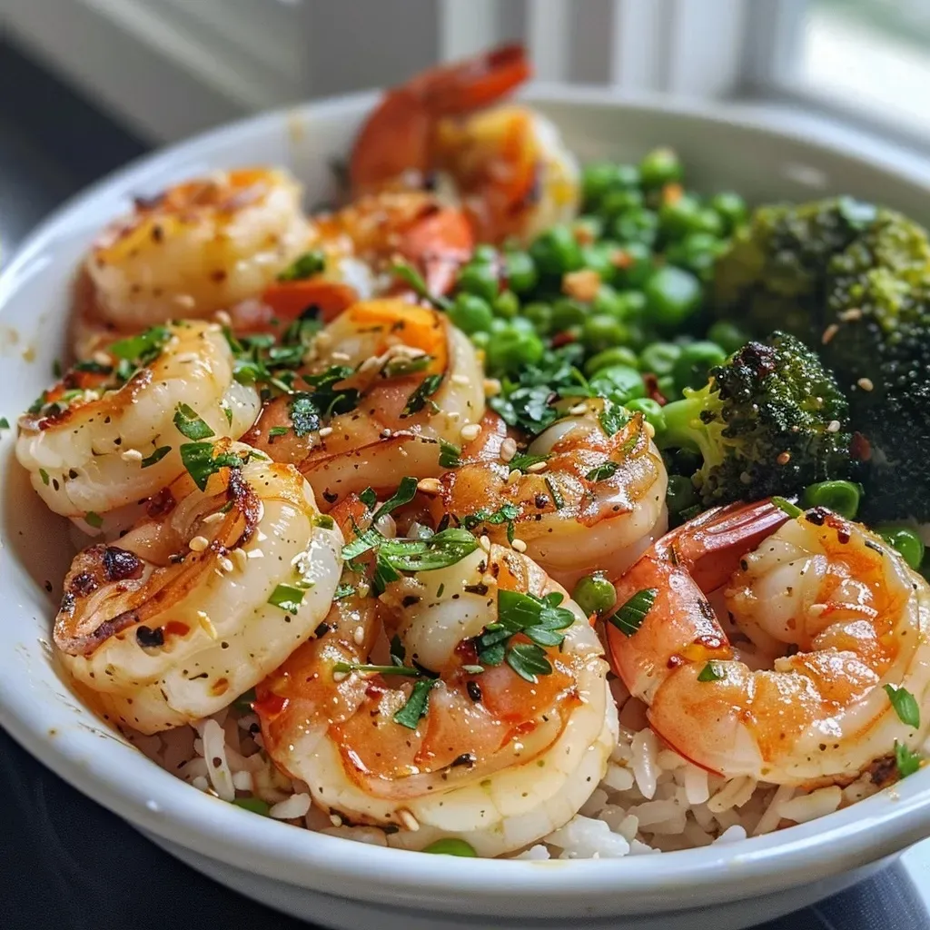 Side view of a vibrant garlic butter shrimp dish served over jasmine rice.