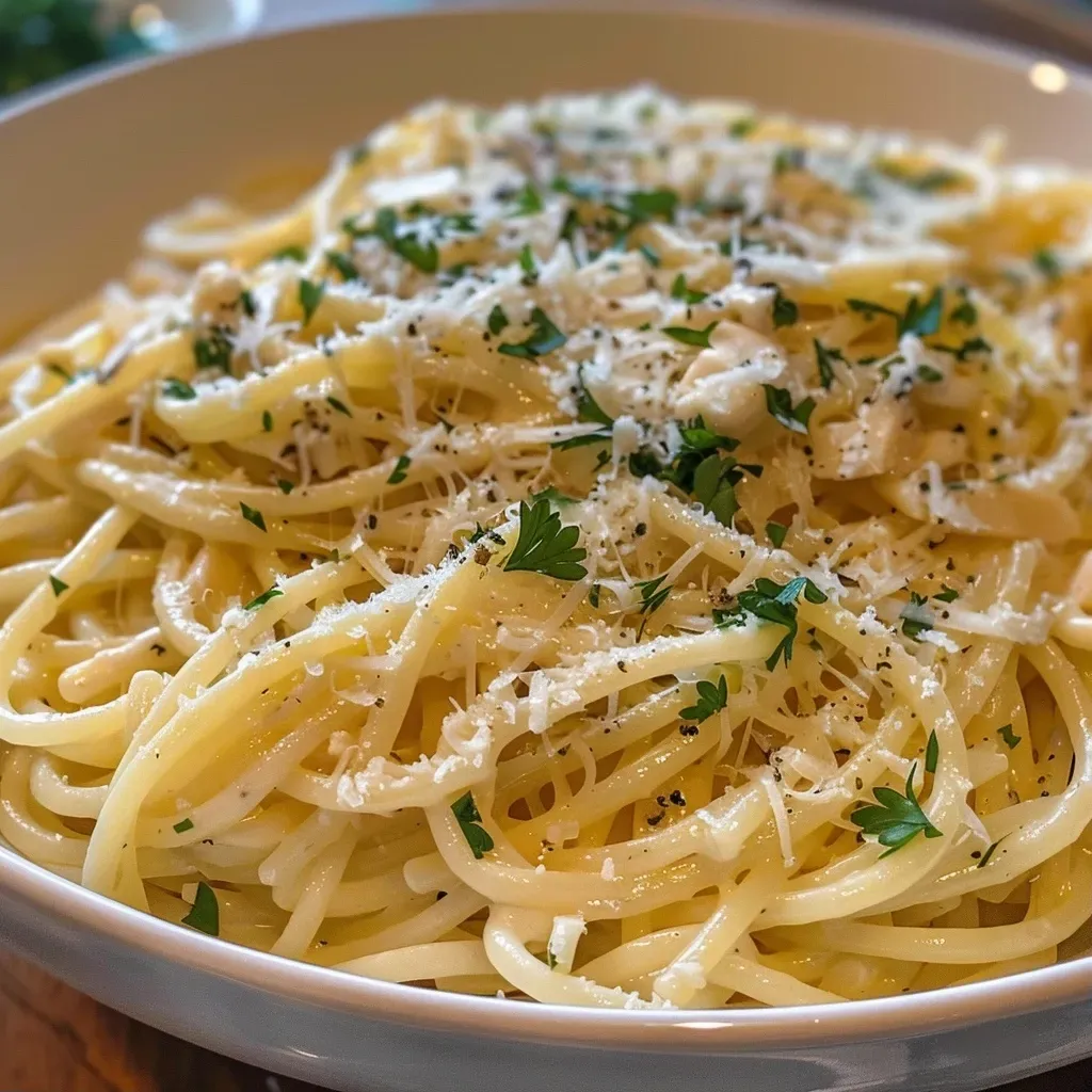 Close-up view of Garlic Parmesan Pasta garnished with parsley.