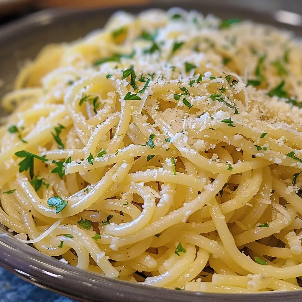 Side view of a bowl filled with creamy Garlic Parmesan Pasta with a sprinkle of parsley.