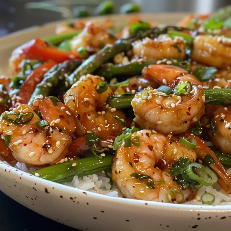 Close-up side view of Garlic Shrimp Stir Fry with colorful vegetables.