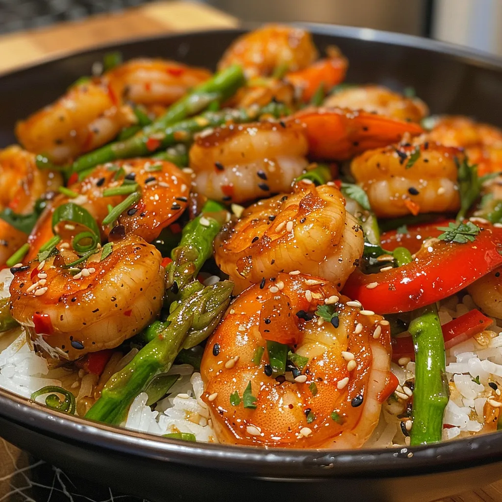 Juicy shrimp and vibrant bell peppers in a rich garlic sauce.