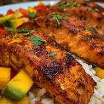 Close-up view of a beautifully plated gluten-free Cajun salmon with vibrant mango salsa.