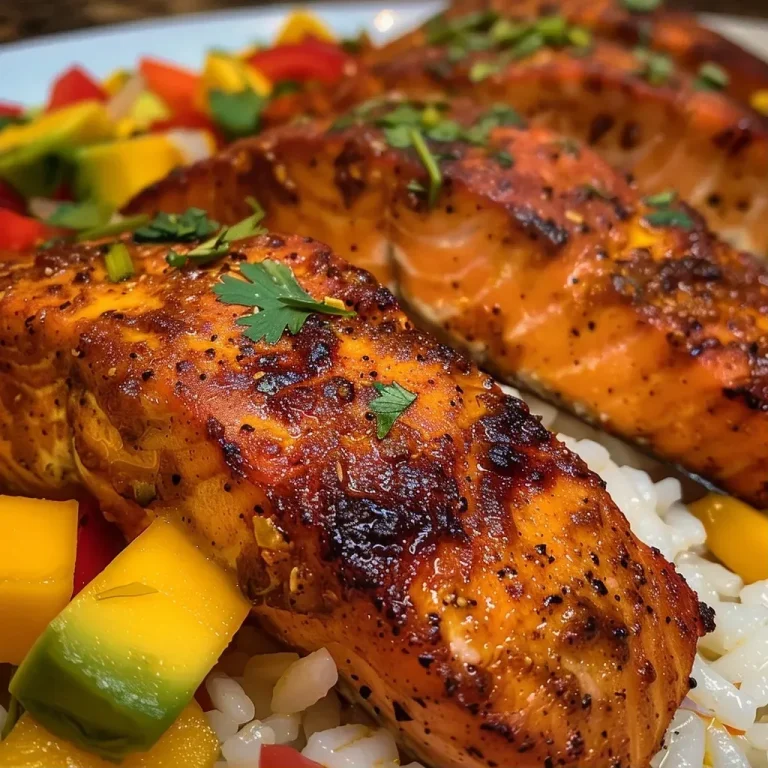 Cajun Salmon Fiesta: A Flavor-Packed Adventure on Your Plate Close-up view of a beautifully plated gluten-free Cajun salmon with vibrant mango salsa.