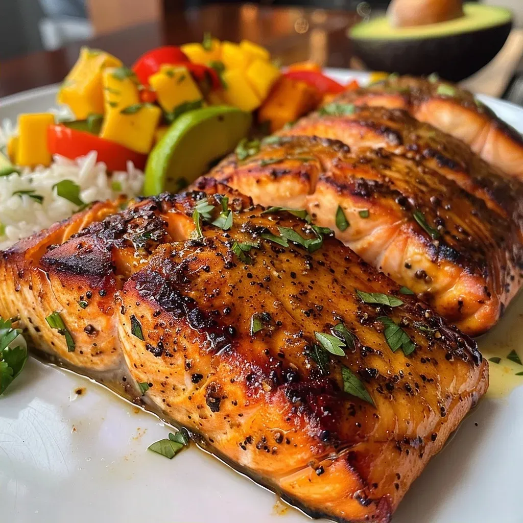 Side view of juicy Cajun salmon fillets garnished with fresh cilantro and colorful bell peppers.
