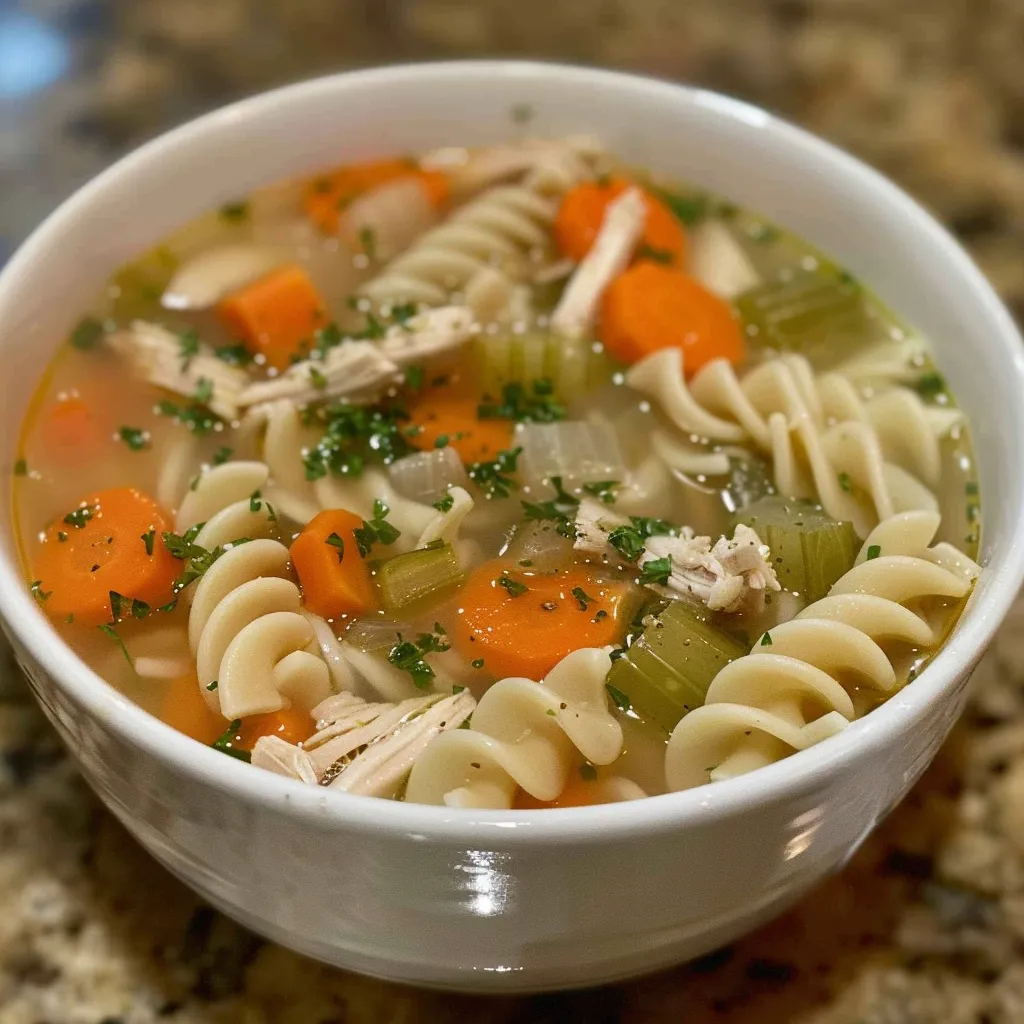 Side view of a steaming bowl of gluten-free chicken noodle soup featuring noodles and herbs.