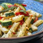 Close-up of a bowl of gluten-free, dairy-free pasta primavera with vibrant vegetables.