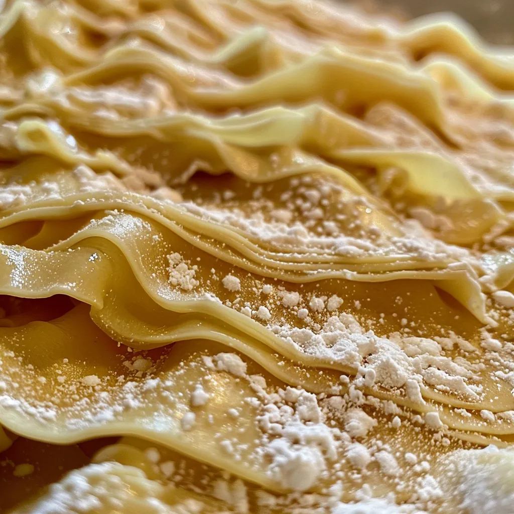 Side view of freshly made gluten-free egg noodles on a wooden surface.