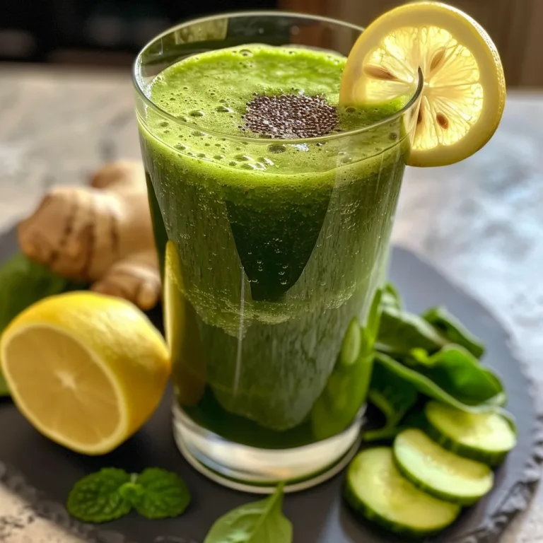 Close-up view of a glass of green juice filled with apple and spinach.