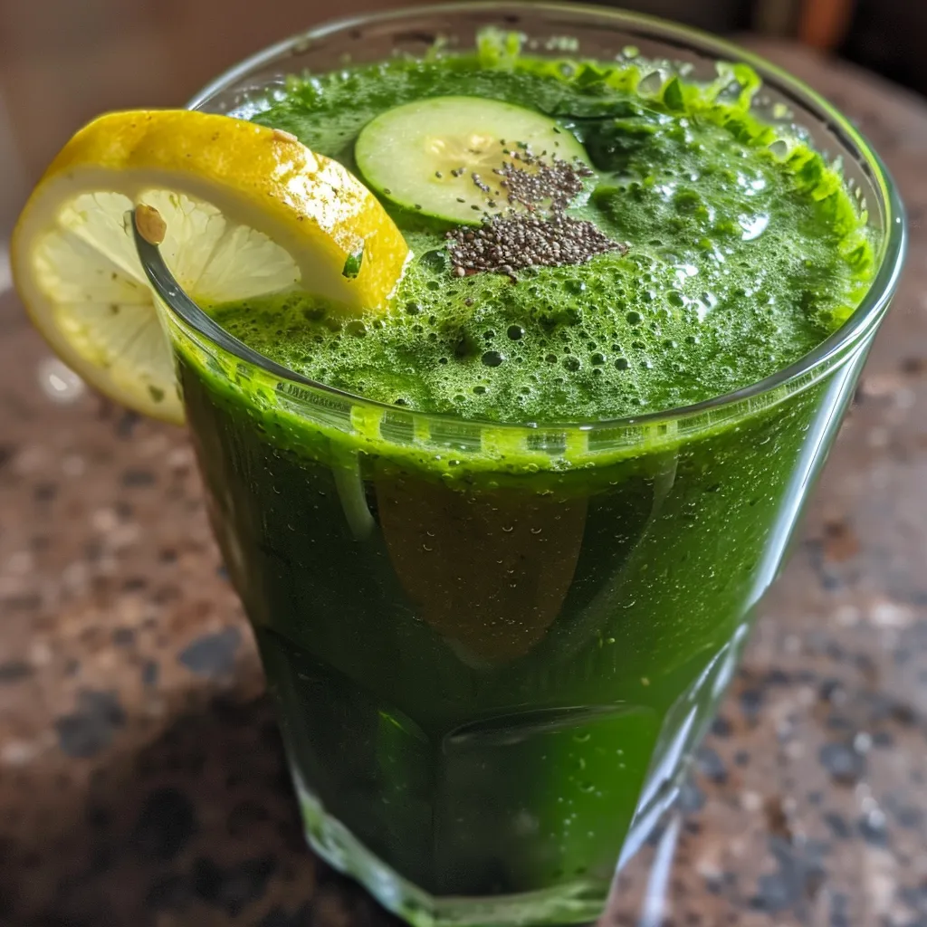 A refreshing green juice made from spinach and green apple in a glass.