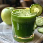 Close-up of a glass filled with vibrant green apple spinach juice, garnished with fresh spinach leaves.
