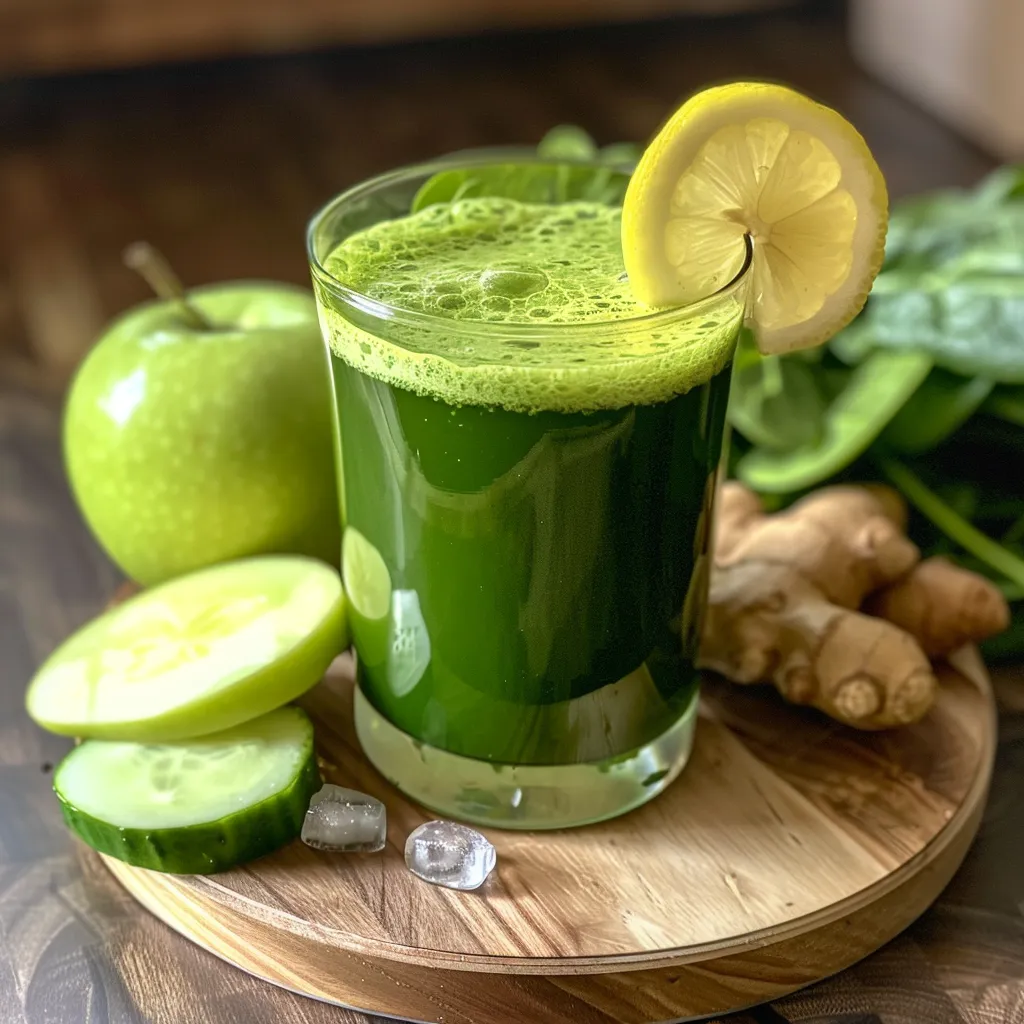 Side view of a refreshing green juice made from green apples and spinach, showcasing its thick texture.