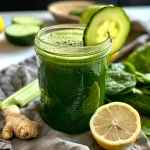 Close-up view of a glass of vibrant green juice with fresh ingredients around it.