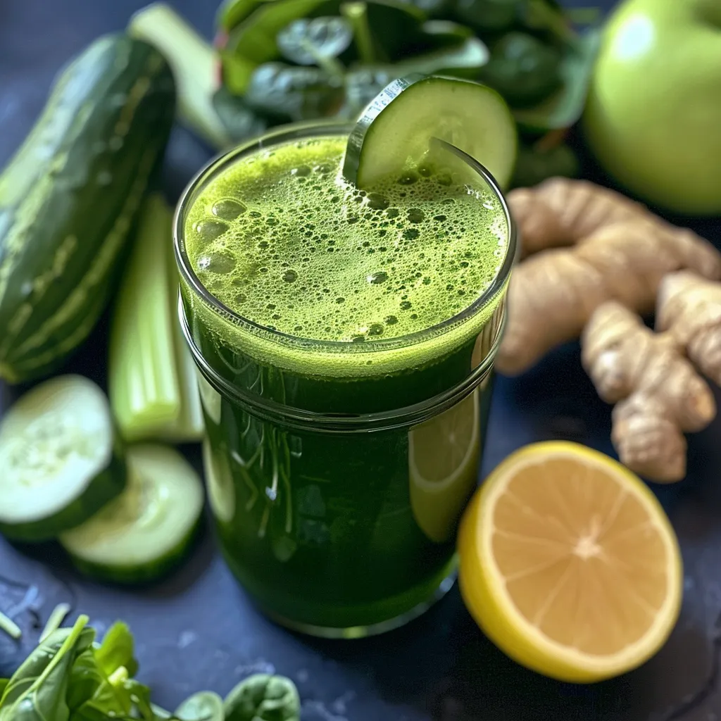 Side profile of a healthy green juice made from cucumbers, green apples, celery, lemon, ginger, and spinach.